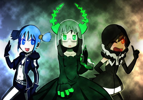 Anime picture 2000x1394 with black rock shooter nichijou kyoto animation naganohara mio aioi yuuko minakami mai long hair looking at viewer blush highres open mouth blue eyes red eyes brown hair twintails multiple girls green eyes blue hair looking away ponytail