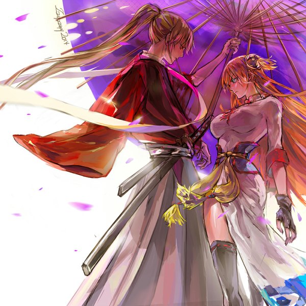 Anime picture 810x810 with gintama sunrise (studio) kagura (gintama) okita sougo zzyzzyy long hair blue eyes red eyes brown hair white background signed ponytail traditional clothes japanese clothes orange hair hair bun (hair buns) couple shared umbrella girl thighhighs