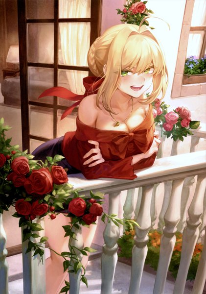 Anime picture 4897x6982 with fate (series) fate/extra nero claudius (fate) (all) nero claudius (fate) mashuu (neko no oyashiro) single tall image looking at viewer blush fringe highres short hair breasts open mouth light erotic blonde hair smile hair between eyes bare shoulders green eyes