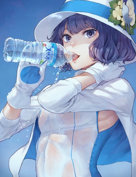 Anime picture 1000x1305 with suntory suntory nomu kaoming single tall image looking at viewer fringe short hair blue eyes light erotic hair between eyes holding blue hair sky upper body wet clothes drinking girl dress gloves