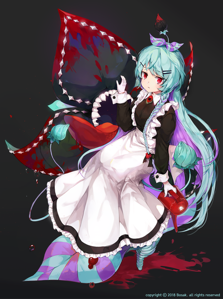 Anime-Bild 806x1079 mit original bosack single tall image looking at viewer red eyes signed braid (braids) very long hair from above aqua hair maid black background girl uniform flower (flowers) bow hair bow apron bobby pin