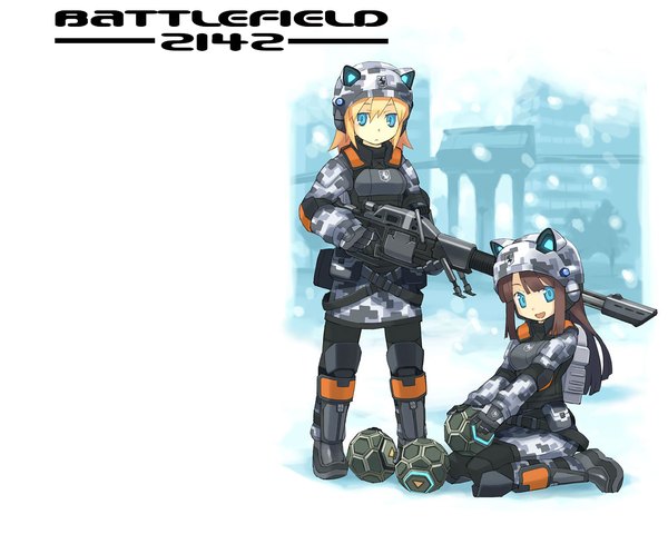 Anime picture 1280x1024 with battlefield battlefield 2142 tanaka (cow) long hair looking at viewer fringe short hair open mouth blue eyes blonde hair hair between eyes brown hair standing white background sitting multiple girls animal ears full body tail :d