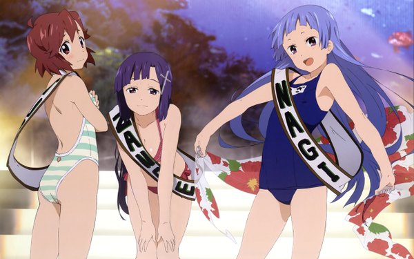 Anime picture 2560x1600 with kannagi nagi (kannagi) zange aoba tsugumi highres wide image swimsuit