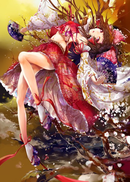 Anime picture 900x1262 with touhou hakurei reimu mayonaka taruho single long hair tall image looking at viewer breasts light erotic brown hair purple eyes bare shoulders holding traditional clothes parted lips japanese clothes wide sleeves midriff high heels groin