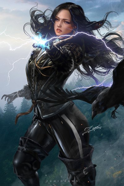 Anime picture 720x1080 with the witcher the witcher 3 wild hunt yennefer of vengerberg zumi (zumidraws) single long hair tall image fringe black hair standing purple eyes signed looking away sky cloud (clouds) bent knee (knees) outdoors parted lips head tilt wind