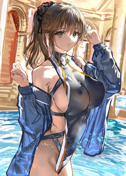 Anime picture 1141x1600 with original ranou single long hair tall image looking at viewer fringe breasts light erotic brown hair large breasts standing green eyes payot ponytail off shoulder arms up sideboob covered nipples poolside
