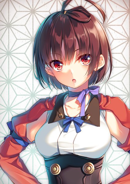 Anime picture 752x1062 with koutetsujou no kabaneri wit studio mumei (kabaneri) toosaka asagi single tall image looking at viewer fringe short hair open mouth red eyes brown hair ahoge upper body :o shaded face underbust hands on hips asa no ha (pattern) girl