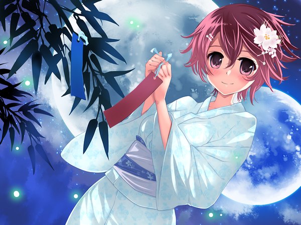 Anime picture 1024x768 with links! - kimi to seirei to tsukaima to short hair brown eyes game cg red hair japanese clothes hair flower night sky tanabata girl hair ornament kimono moon star (stars) planet