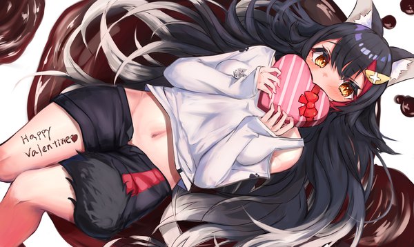Anime picture 5905x3528 with virtual youtuber hololive ookami mio inre kemomimi single long hair blush highres black hair wide image animal ears yellow eyes absurdres midriff embarrassed covered mouth valentine wolf ears girl food