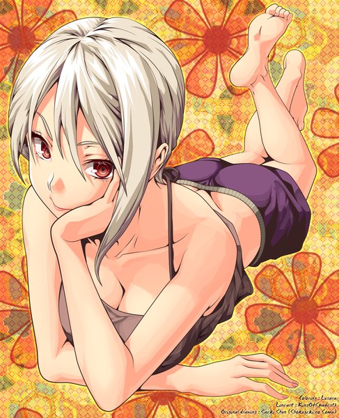 Anime picture 1625x2000 with shokugeki no soma j.c. staff nakiri alice lusara single tall image looking at viewer fringe short hair light erotic red eyes bent knee (knees) ass lying grey hair arm support on stomach girl t-shirt