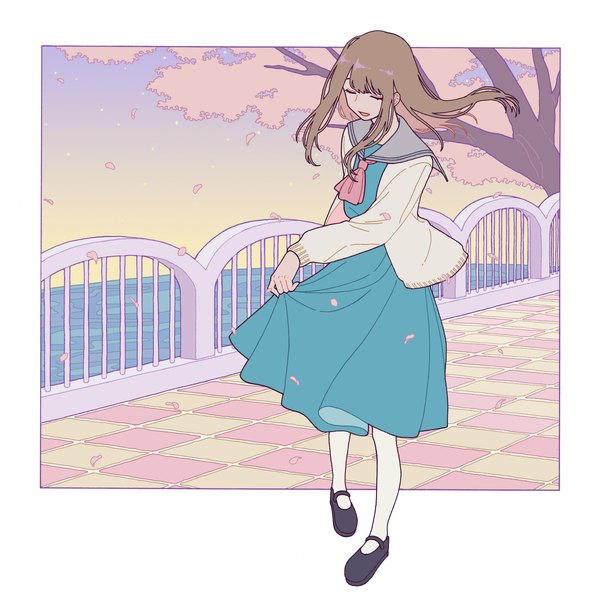 Anime picture 2894x2894 with original shi oo single long hair highres brown hair full body eyes closed cherry blossoms border checkered floor outside border floor sailor collar girl plant (plants) petals tree (trees) shoes cardigan