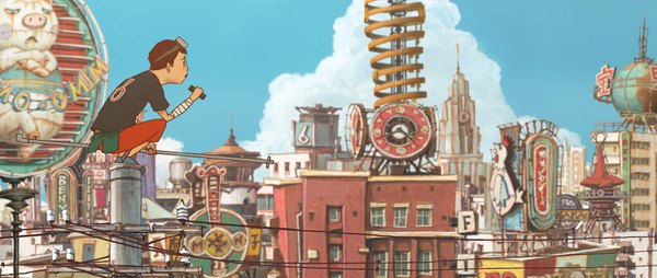Anime picture 1772x753 with tekkon kinkreet kuro highres wide image cityscape animal clock tower globe pig clock tower