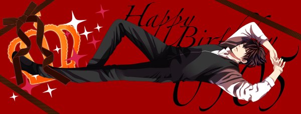 Anime picture 3000x1139 with gintama sunrise (studio) hijikata toshiro kojika single highres short hair open mouth brown hair wide image black eyes inscription arms up red background happy birthday boy uniform ribbon (ribbons) vest crown