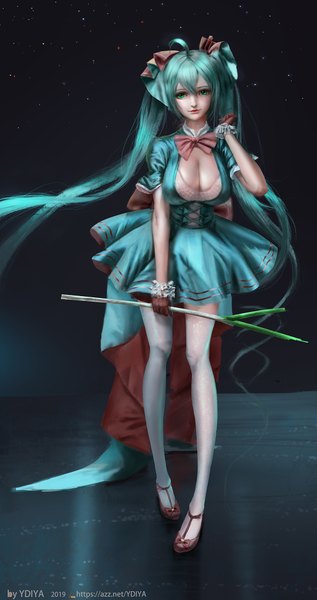 Anime picture 1080x2042 with vocaloid hatsune miku ydiya single tall image looking at viewer fringe breasts hair between eyes large breasts twintails holding full body ahoge bent knee (knees) very long hair arm up aqua eyes lips aqua hair