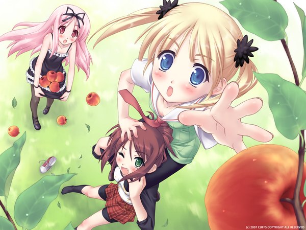 Anime picture 1600x1200 with garden (galge) cuffs (studio) himemiya ruri suzumura azami long hair blush open mouth blue eyes blonde hair red eyes brown hair twintails multiple girls green eyes pink hair teeth fang (fangs) girl skirt leaf (leaves)