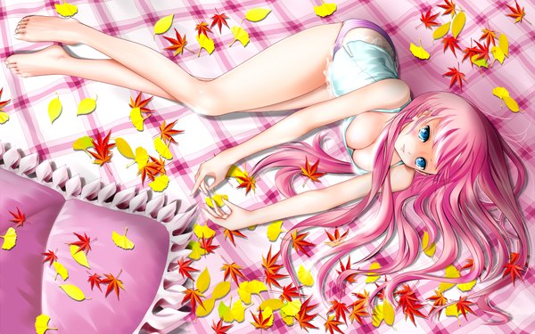 Anime picture 1920x1200 with miharin (artist) single long hair highres breasts blue eyes light erotic wide image pink hair lying barefoot girl underwear panties pillow leaf (leaves)