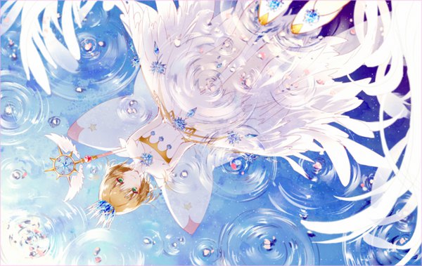 Anime picture 1155x731 with card captor sakura clamp kinomoto sakura kinokohime single short hair smile brown hair standing green eyes reflection ripples girl dress petals wings white dress crown yume no tsue