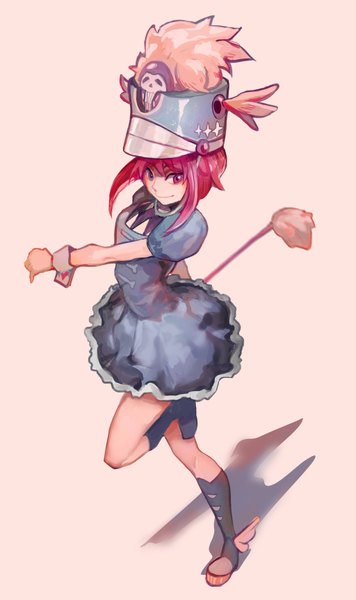 Anime picture 1024x1723 with kill la kill studio trigger jakuzure nonon canking single long hair tall image simple background smile red eyes payot looking away red hair girl dress headdress wrist cuffs shako cap