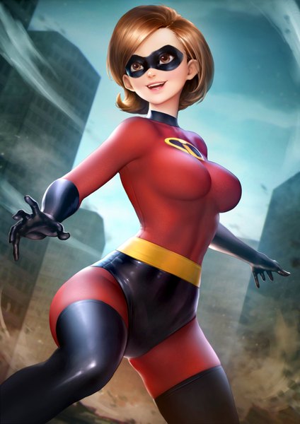 Anime picture 2480x3508 with the incredibles disney elastigirl nudtawut thongmai single tall image blush fringe highres short hair breasts open mouth light erotic smile brown hair standing brown eyes looking away sky bent knee (knees)