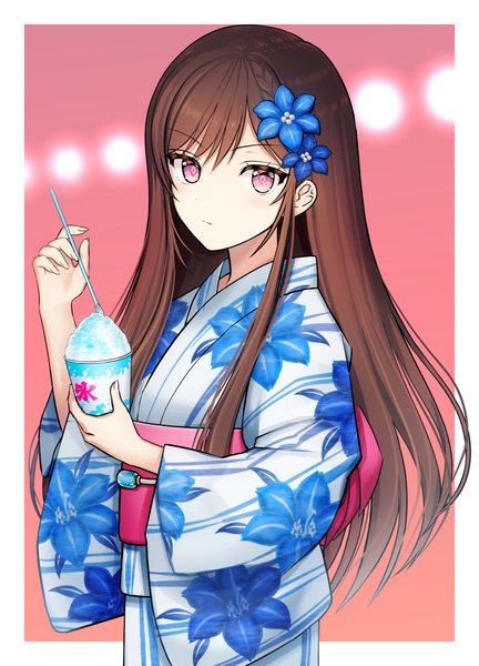 Anime picture 800x1110 with virtual youtuber game club project riot music doumyouji cocoa caopy single long hair tall image looking at viewer blush fringe simple background hair between eyes brown hair standing holding payot traditional clothes japanese clothes pink eyes