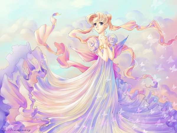 Anime picture 1280x960 with bishoujo senshi sailor moon toei animation tsukino usagi sailor moon princess serenity kaminary single blue eyes blonde hair twintails looking away girl dress insect butterfly