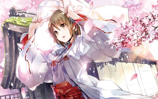 Anime picture 1920x1200 with yosuga no sora amatsume akira yuugen single blush highres short hair open mouth smile brown hair wide image brown eyes looking away traditional clothes japanese clothes sunlight cherry blossoms girl hair ornament flower (flowers)