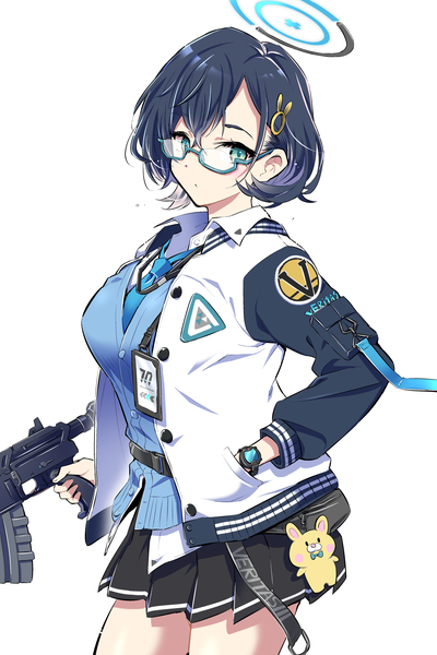 Anime-Bild 2000x3000 mit blue archive chihiro (blue archive) blackheart single tall image looking at viewer fringe highres short hair black hair simple background hair between eyes white background aqua eyes open jacket hand in pocket girl weapon glasses jacket