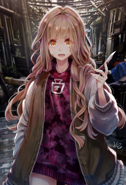 Anime picture 1678x2453 with sinoalice little red riding hood (sinoalice) hoshizaki reita single long hair tall image looking at viewer fringe open mouth blonde hair smile standing holding signed outdoors blunt bangs :d open jacket orange eyes wavy hair