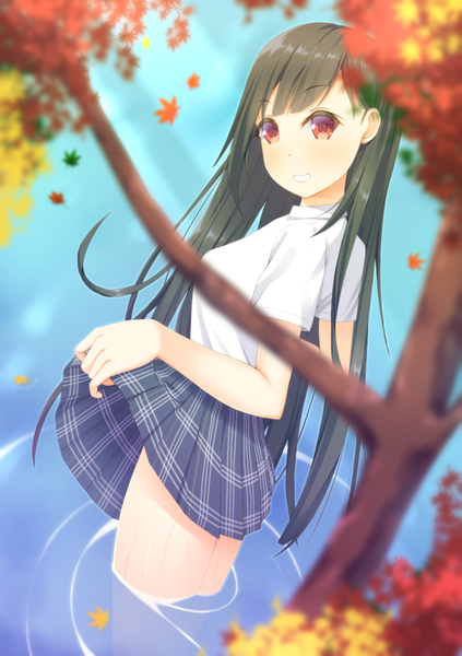 Anime picture 860x1220 with original takumi1006 single long hair tall image looking at viewer blush fringe breasts open mouth black hair smile red eyes standing holding outdoors pleated skirt looking back short sleeves dutch angle