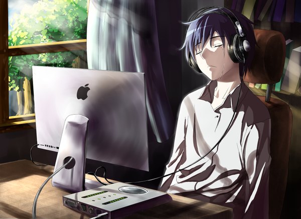 Anime picture 3656x2665 with vocaloid apple inc. kaito (vocaloid) mosquito coils single highres short hair sitting absurdres purple hair ahoge eyes closed head tilt sunlight shadow tears open collar sleeping sunbeam revision