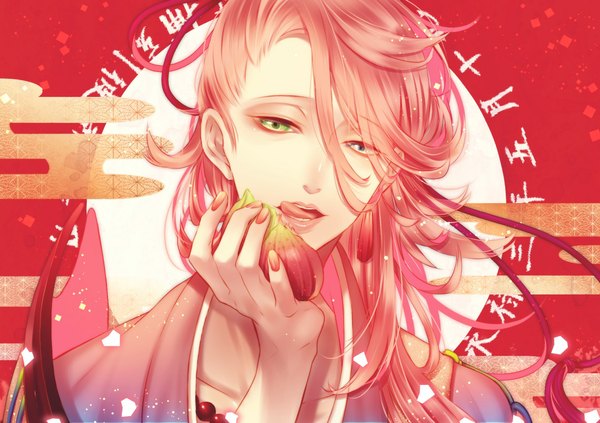 Anime picture 1133x800 with touken ranbu nitroplus souza samonji nipponia nippon single long hair looking at viewer fringe open mouth pink hair nail polish traditional clothes japanese clothes hair over one eye heterochromia portrait red nail polish egasumi boy food