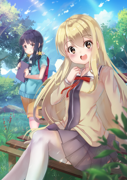 Anime picture 2480x3508 with aho girl sumino sayaka ruri akutsu holmemee long hair tall image looking at viewer blush fringe highres open mouth blonde hair smile sitting multiple girls holding brown eyes blue hair sky cloud (clouds)