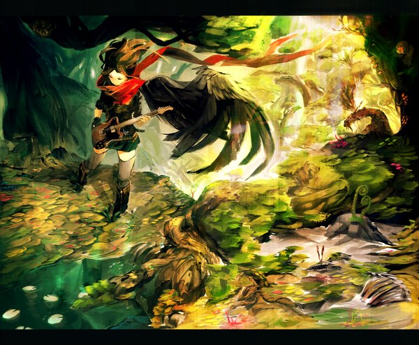 Anime picture 2500x2062 with original so-bin long hair highres brown hair standing holding outdoors horn (horns) wind letterboxed black wings fantasy single wing girl thighhighs skirt gloves flower (flowers) plant (plants)