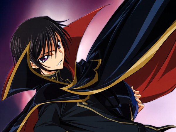 Anime picture 1280x960 with code geass sunrise (studio) lelouch lamperouge fukano youichi kumagai taeko single looking at viewer fringe short hair black hair hair between eyes purple eyes upper body light smile copyright name outstretched arm cropped boy cape helmet