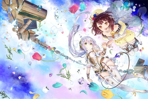 Anime picture 1280x857 with atelier (series) atelier sophie gust (company) sophie neuenmuller plachta yuugen noco (adamas) looking at viewer fringe short hair open mouth light erotic smile brown hair multiple girls brown eyes green eyes purple hair very long hair official art