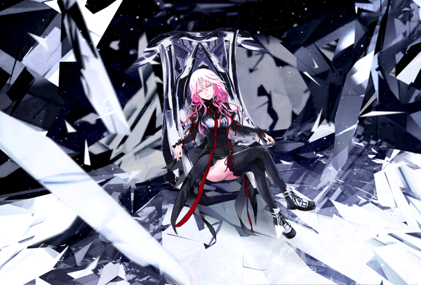Anime picture 1280x868 with guilty crown production i.g yuzuriha inori tanikku single long hair looking at viewer fringe breasts blue eyes sitting twintails pink hair bent knee (knees) head tilt zettai ryouiki crossed legs lacing girl thighhighs