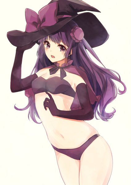 Anime picture 700x988 with touhou patchouli knowledge kashiwagi chisame single long hair tall image looking at viewer blush fringe breasts open mouth light erotic simple background standing purple eyes purple hair alternate costume thighs adjusting hat girl