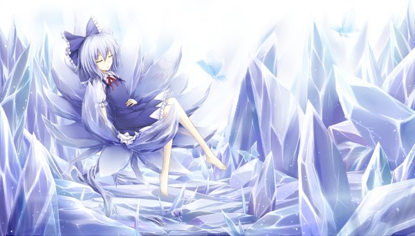 Anime picture 2400x1370 with touhou cirno cloudy.r single highres short hair wide image blue hair eyes closed barefoot girl dress bow hair bow ice