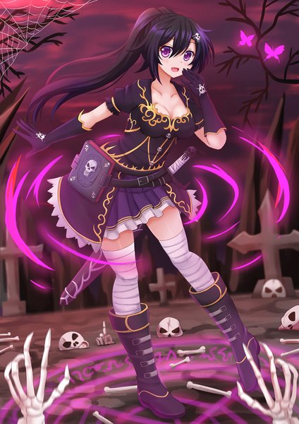 Anime picture 945x1336 with original kazenokaze single long hair tall image blush open mouth black hair purple eyes ponytail girl dress gloves weapon sword black gloves boots insect butterfly bandage (bandages)