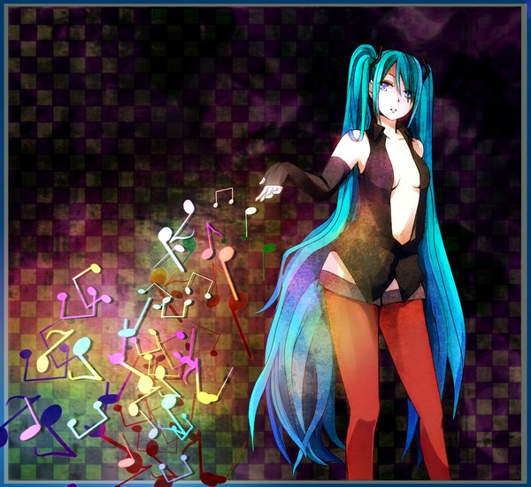 Anime picture 1305x1197 with vocaloid hatsune miku single looking at viewer twintails bare shoulders very long hair aqua eyes aqua hair checkered background girl gloves hair ornament elbow gloves musical note