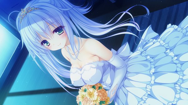Anime picture 1920x1080 with world election whirlpool (studio) kururu (world election) mikagami mamizu single long hair looking at viewer blush highres breasts blue eyes smile wide image twintails game cg white hair girl dress flower (flowers) tiara