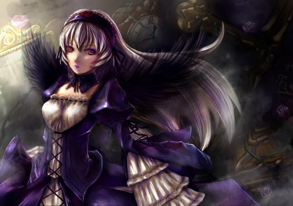 Anime-Bild 1240x874 mit rozen maiden suigintou single long hair red eyes white hair black wings girl dress wings hairband clock thorns