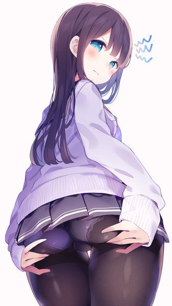 Anime-Bild 900x1600 mit original chikuwa. single long hair tall image looking at viewer blush fringe blue eyes light erotic simple background hair between eyes standing white background purple hair ass pleated skirt looking back from behind from below