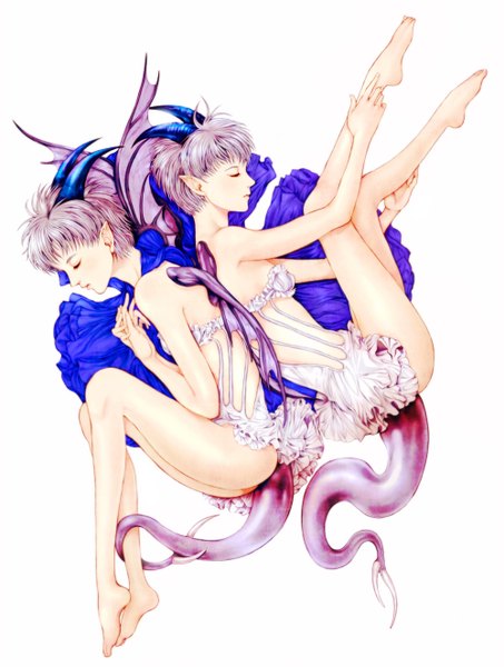 Anime picture 1000x1324 with original junji (pixiv579990) tall image short hair light erotic simple background white background sitting multiple girls silver hair purple hair tail lying eyes closed profile barefoot horn (horns) pointy ears couple demon girl