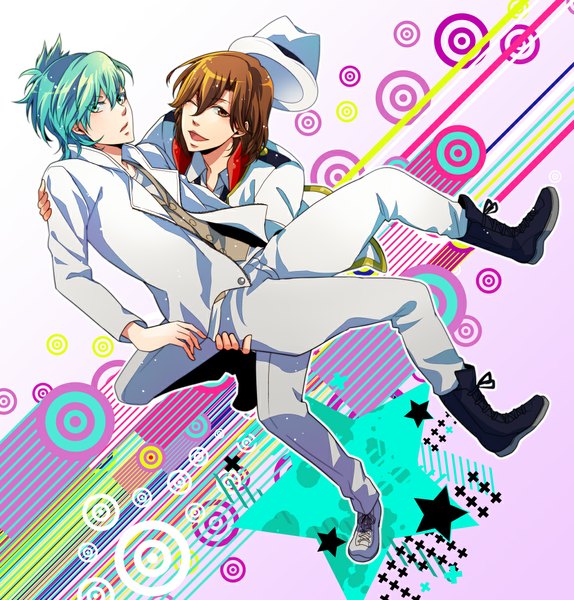 Anime picture 1021x1067 with uta no prince-sama a-1 pictures mikaze ai kotobuki reiji hibaniki69 tall image looking at viewer short hair open mouth brown hair holding brown eyes one eye closed aqua eyes wink aqua hair multiple boys boy hat 2 boys