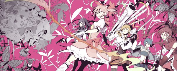 Anime picture 1772x709 with mahou shoujo madoka magica shaft (studio) akemi homura kaname madoka miki sayaka tomoe mami charlotte (madoka magica) long hair highres black hair blonde hair red eyes wide image twintails multiple girls blue hair pink hair ponytail red hair drill hair