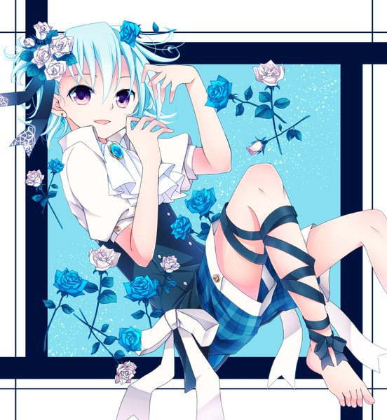 Anime picture 1483x1612 with original goma (11zihisin) single tall image short hair open mouth simple background purple eyes blue hair barefoot light smile girl flower (flowers) bow ribbon (ribbons) hair ribbon earrings shorts rose (roses) leaf (leaves)