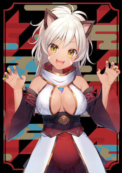 Anime picture 599x842 with original momoshiki tsubaki single long hair tall image looking at viewer blush fringe breasts open mouth light erotic simple background smile standing white background bare shoulders animal ears yellow eyes white hair nail polish