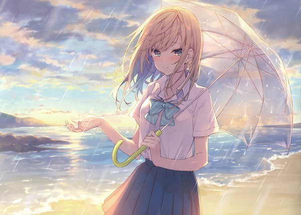 Anime picture 3878x2777 with original reia single long hair looking at viewer blush fringe highres blonde hair standing holding absurdres sky cloud (clouds) outdoors pleated skirt black eyes scan short sleeves beach