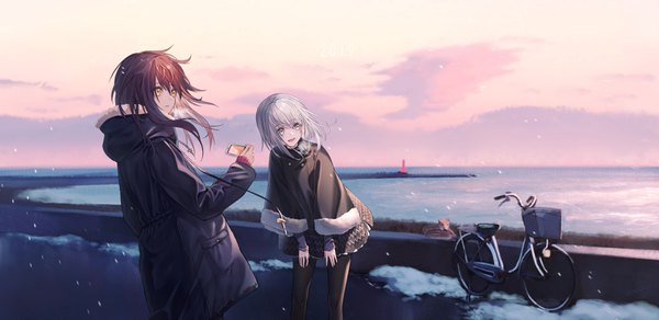Anime picture 3376x1646 with original haizome senri long hair highres short hair open mouth brown hair wide image multiple girls yellow eyes looking away sky silver hair outdoors :d leaning leaning forward exhalation new year morning